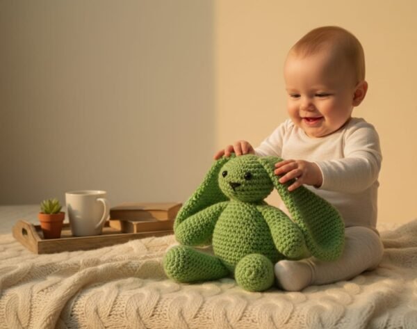 Handmade Green Crochet Snuggle Bunny Toy - Image 4