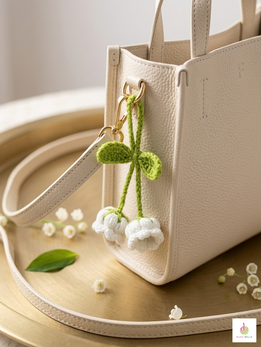 Artisan Floral Crochet Accessory: Bag Charm, Car Decor, & Hair Tie-Lily of the Valley (White) - Image 4