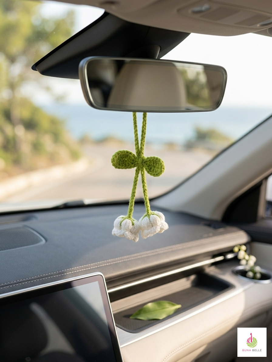 Artisan Floral Crochet Accessory: Bag Charm, Car Decor, & Hair Tie-Lily of the Valley (White) - Image 2