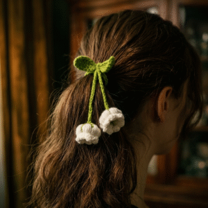 Artisan Floral Crochet Accessory: Bag Charm, Car Decor, & Hair Tie-Lily of the Valley (White)