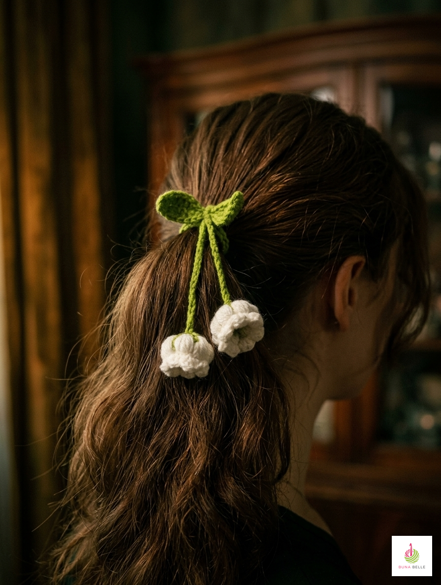 Artisan Floral Crochet Accessory: Bag Charm, Car Decor, & Hair Tie-Lily of the Valley (White)
