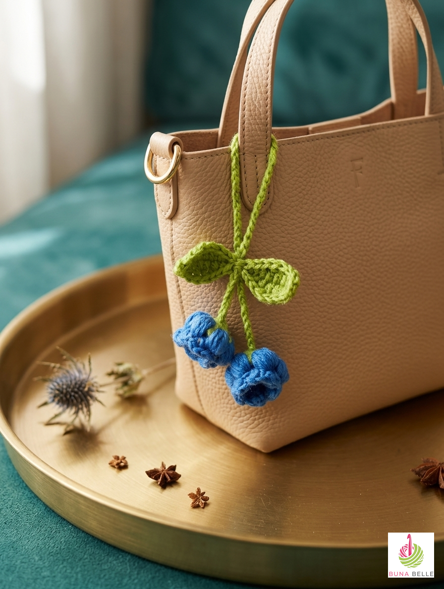 Artisan Floral Crochet Accessory: Bag Charm, Car Decor, & Hair Tie-Lily of the Valley (Blue)