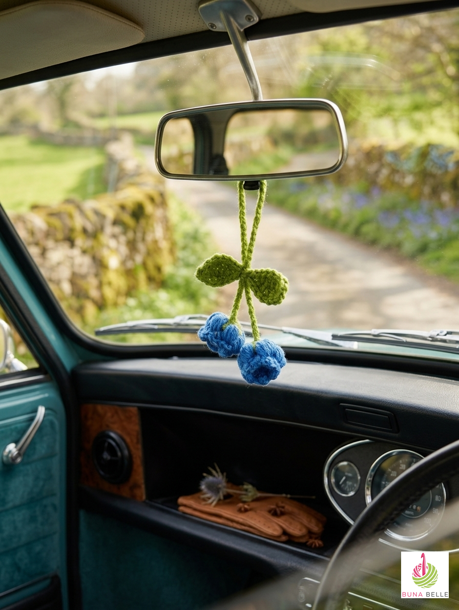 Artisan Floral Crochet Accessory: Bag Charm, Car Decor, & Hair Tie-Lily of the Valley (Blue) - Image 3
