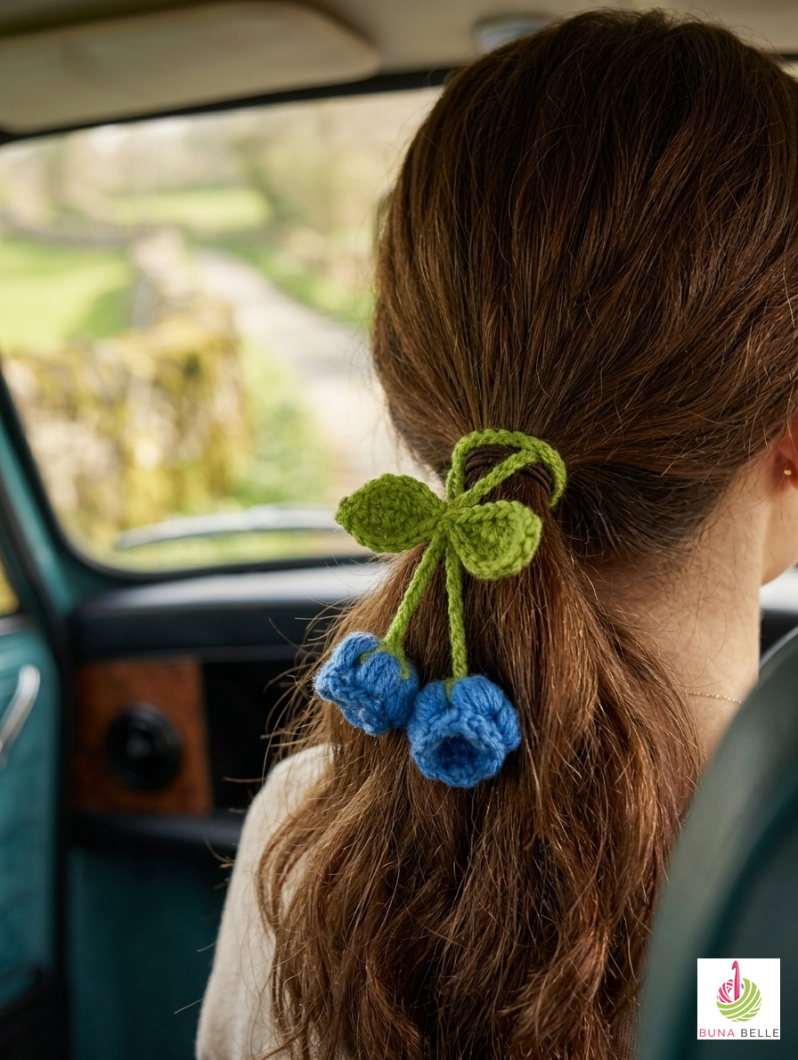 Artisan Floral Crochet Accessory: Bag Charm, Car Decor, & Hair Tie-Lily of the Valley (Blue) - Image 2