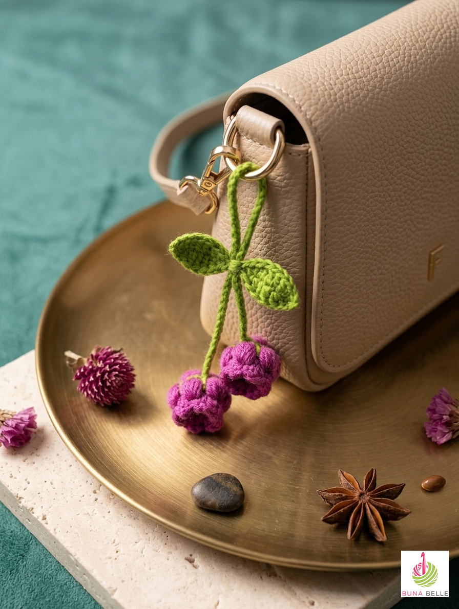 Artisan Floral Crochet Accessory: Bag Charm, Car Decor, & Hair Tie-Lily of the Valley (purple) - Image 3