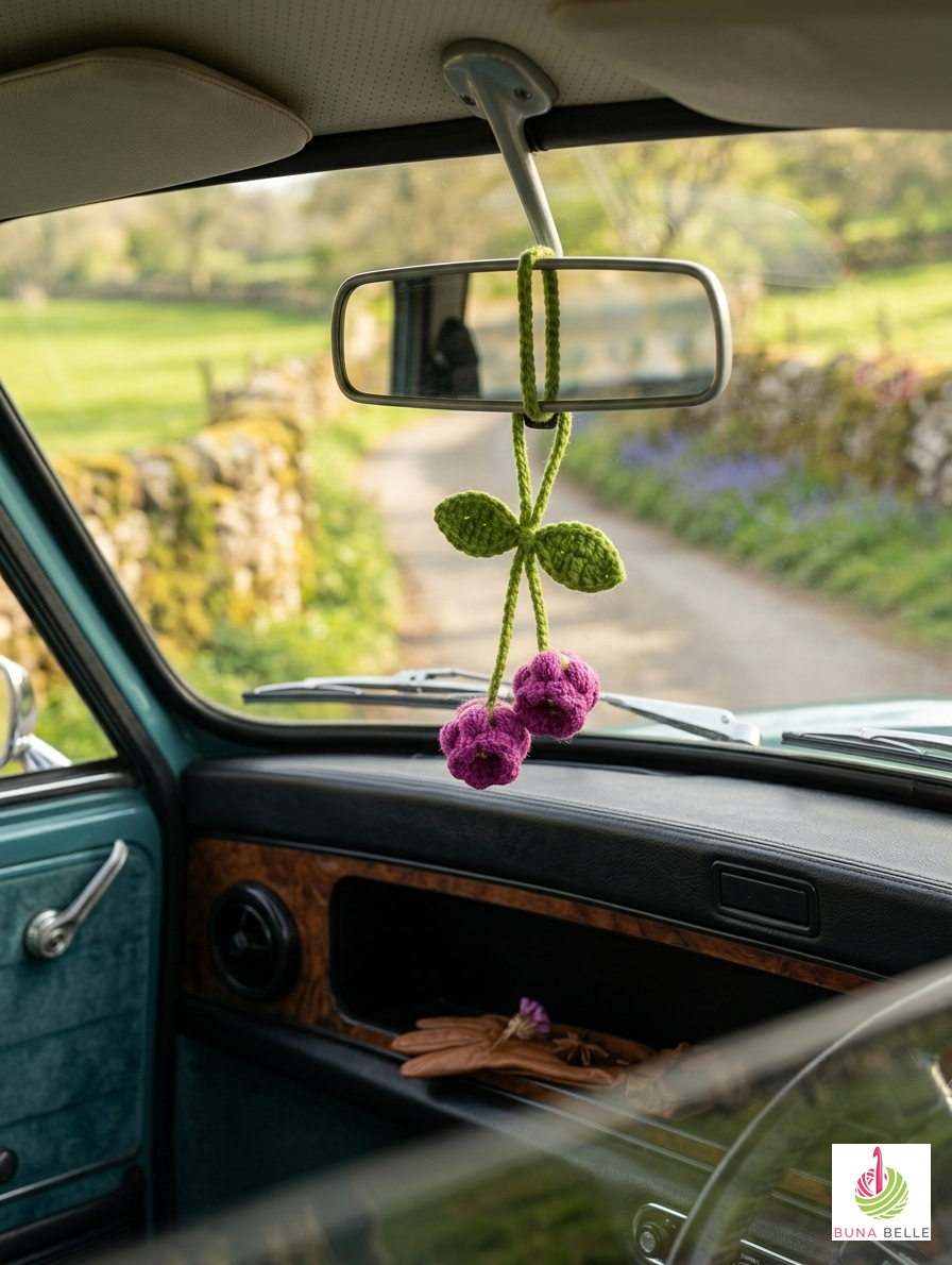 Artisan Floral Crochet Accessory: Bag Charm, Car Decor, & Hair Tie-Lily of the Valley (purple)