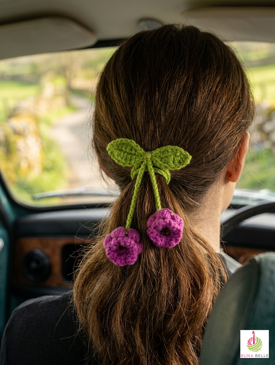 Artisan Floral Crochet Accessory: Bag Charm, Car Decor, & Hair Tie-Lily of the Valley (purple) - Image 4
